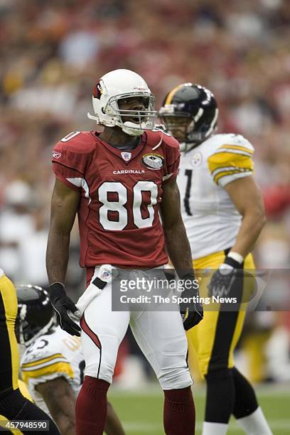 Bryant Johnson of the Arizona Cardinals looks on after a tackle during a game against the Pittsburgh Steelers on August 12, 2006 at the University of...