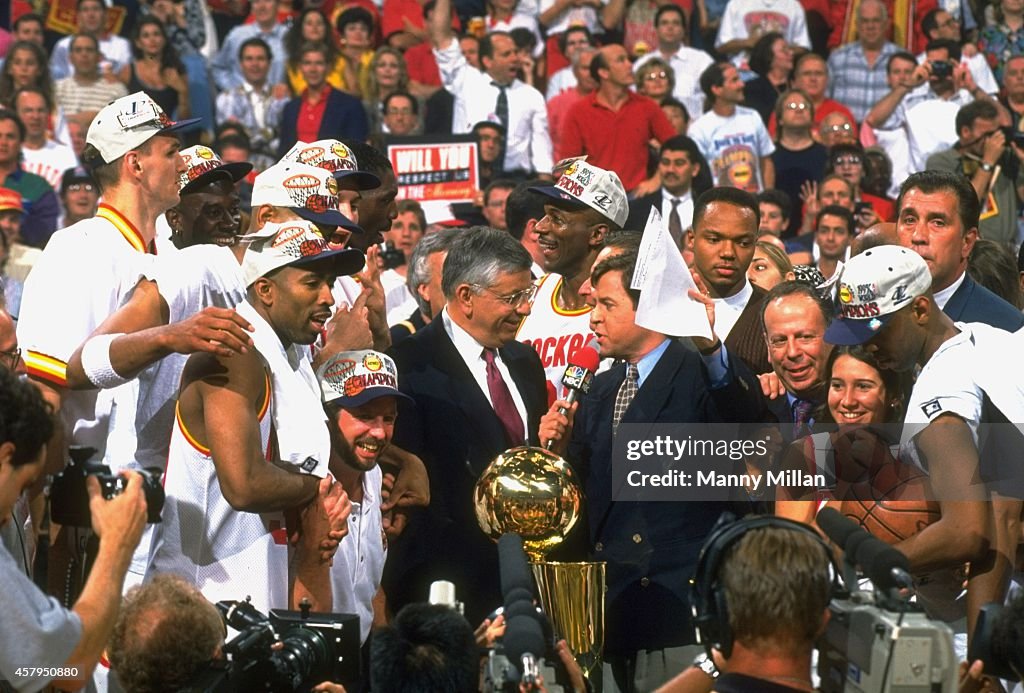 1995 Rockets Final NBA commissioner David Stern and NBC announcer Bob Costas with... News ...