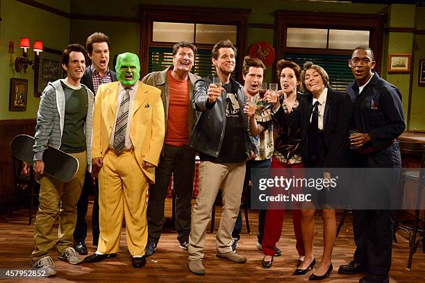 Jim Carrey" Episode 1666 -- Pictured: Kyle Mooney as Percy Carrey, Taran Killam as Jay Carrey, Bobby Moynihan as Cousin Wayne, Jeff Daniels as...