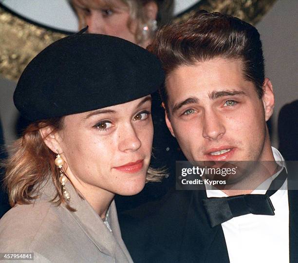 American actor Jason Priestley and his girlfriend, actress Christine Elise at the 50th Annual Golden Globe Awards, Beverly Hilton Hotel, Beverly...