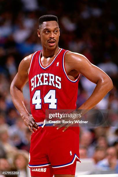 Rick Mahorn of the Philadelphia 76ers looks on against the Sacramento Kings on December 29, 1989 at Arco Arena in Sacramento, California . NOTE TO...