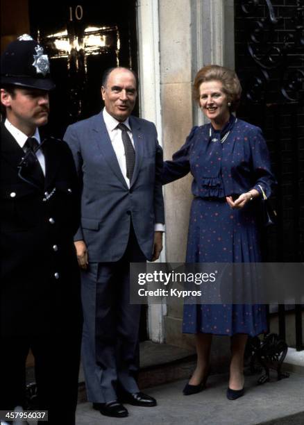 French President Francois Mitterrand visits UK Prime Minister Margaret Thatcher at 10 Downing Street, London, UK, circa 1982.