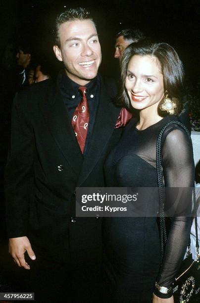 Belgian actor and martial artist Jean-Claude Van Damme with his wife, actress and bodybuilder Gladys Portugues, circa 1992.