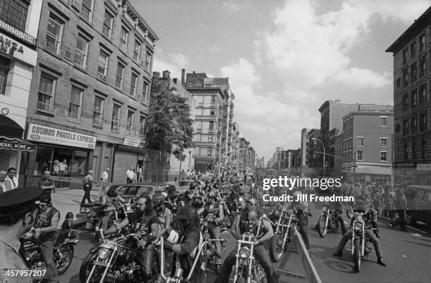 Hells Angels attend the funeral of a friend on the Lower East Side, New York City, circa 1981.