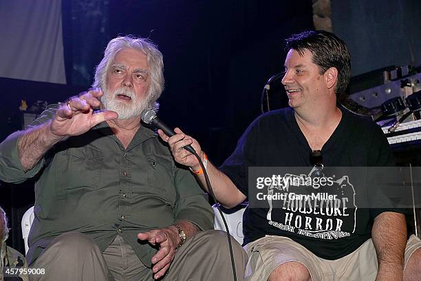 Housecore Horror Film Festival Co-Founder Corey Mitchell seen here interviewing Gunnar Hansen at the Masters of Metal & Horror Panel during the...