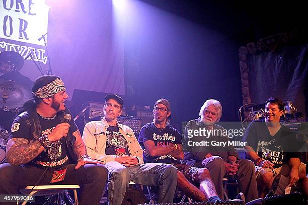 Housecore Horror Film Festival Co-Founder Corey Mitchell seen here interviewing participants in the Masters of Metal & Horror Panel during the...