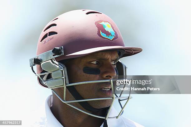 Shivnarine Chanderpaul of the West Indies walks off for lunch during day two of the Third Test match between New Zealand and the West Indies at...