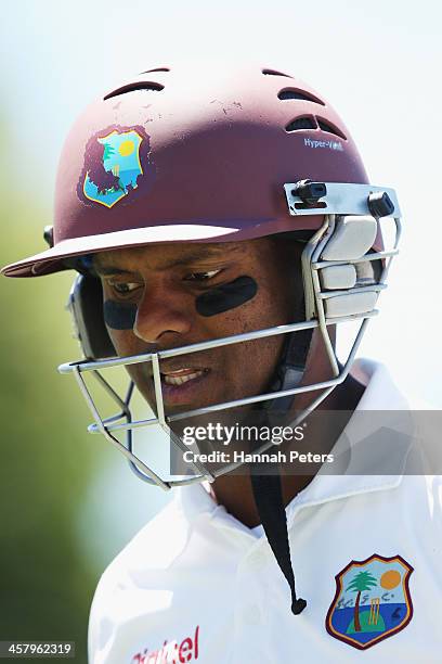 Shivnarine Chanderpaul of the West Indies walks off for lunch during day two of the Third Test match between New Zealand and the West Indies at...