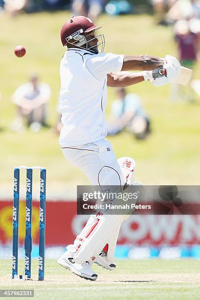 Tino Best of the West Indies misses the ball during day two of the Third Test match between New Zealand and the West Indies at Seddon Park on...