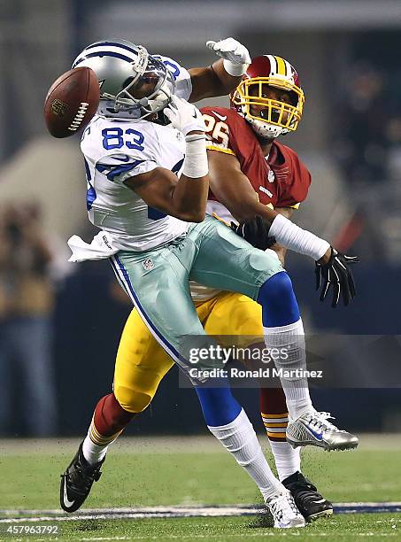 Terrance Williams of the Dallas Cowboys is unable to make the catch as Bashaud Breeland of the Washington Redskins defends during the first half at...