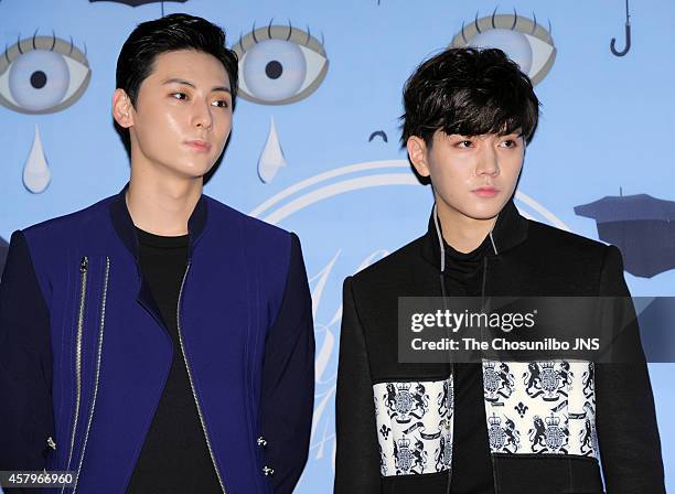 Min-Hyun and REN of NU'EST attend the 2015 S/S Seoul Fashion Week "Kwak Hyunjoo" collection at DDP on October 21, 2014 in Seoul, South Korea.