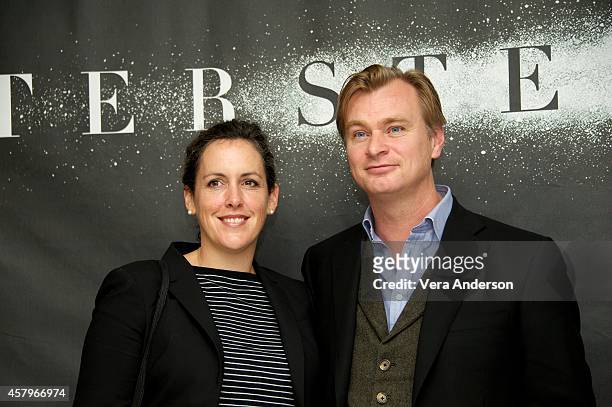 Producer Emma Thomas and Writer-Director Christopher Nolan at the "Interstellar" Press Conference at the Four Seasons Hotel on October 26, 2014 in...