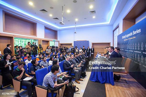 James Davies-Yandle , co-founder of the Global Legends Series, speaks to the media at a Global Legends Series media event on October 27, 2014 in...