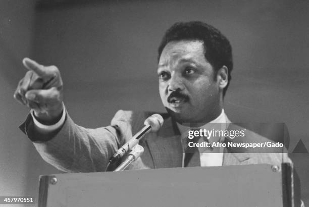 Jesse Jackson Sr points at the audience and delivers an emotional speech during his campaign, 1988.