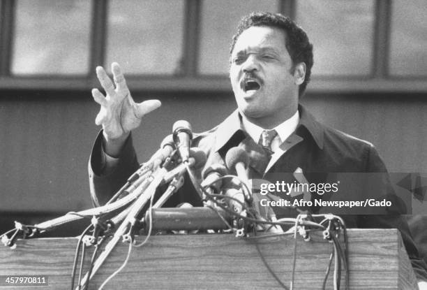 Civil rights activist Jesse Jackson Sr yells and gestures during a campaign speech, 1988.