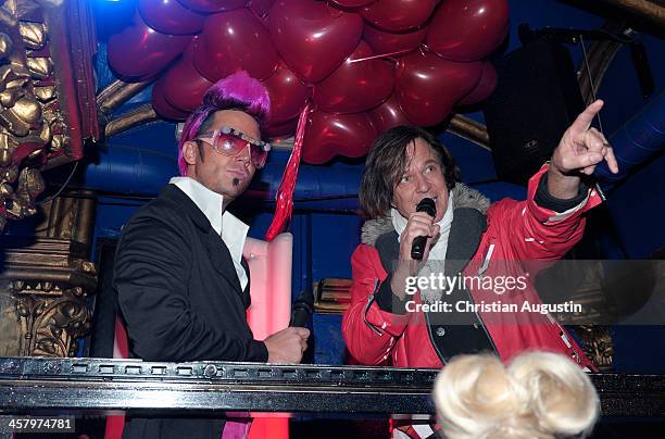 Lorenz Bueffler and Juergen Drews attend the premiere of the short film "Das verlorene Koenigreich" at Temptation Club on December 19, 2013 in...