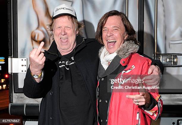 Juergen Drews and Gunter Gabriel attend the premiere of the short film "Das verlorene Koenigreich" at Temptation Club on December 19, 2013 in...