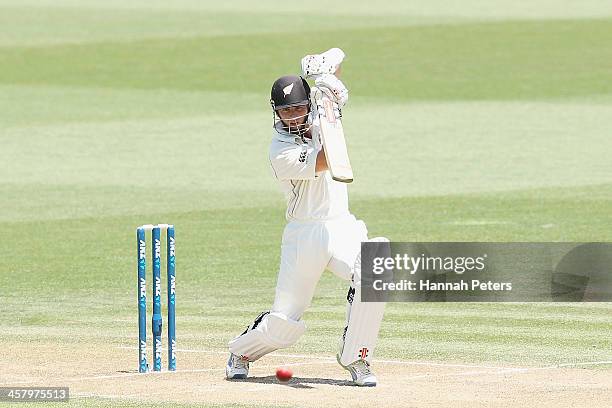 Kane Williamson of New Zealand drives the ball away during day two of the Third Test match between New Zealand and the West Indies at Seddon Park on...