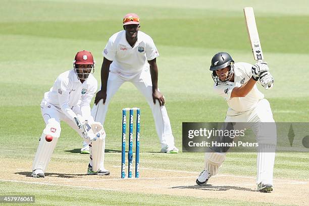 Ross Taylor of New Zealand drives the ball away for four rus during day two of the Third Test match between New Zealand and the West Indies at Seddon...