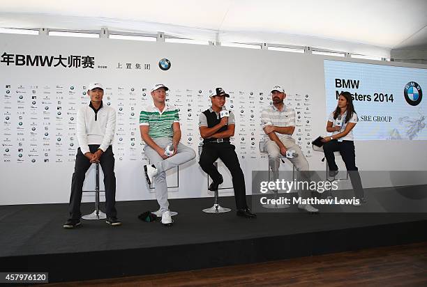 Li Hao-Tong of China, Jamie Donaldson of Wales, Wu Ashun of China and Thomas Bjorn of Denmark are interviewed by Sarah Gwynn, press officer of the...