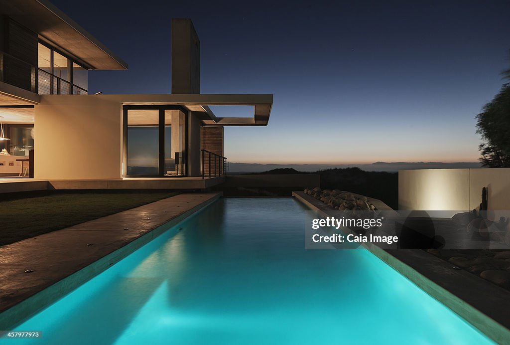 Modern pool illuminated at night