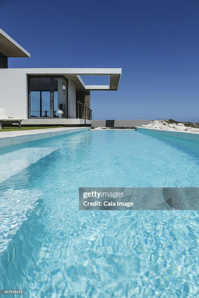 Lap pool outside modern house