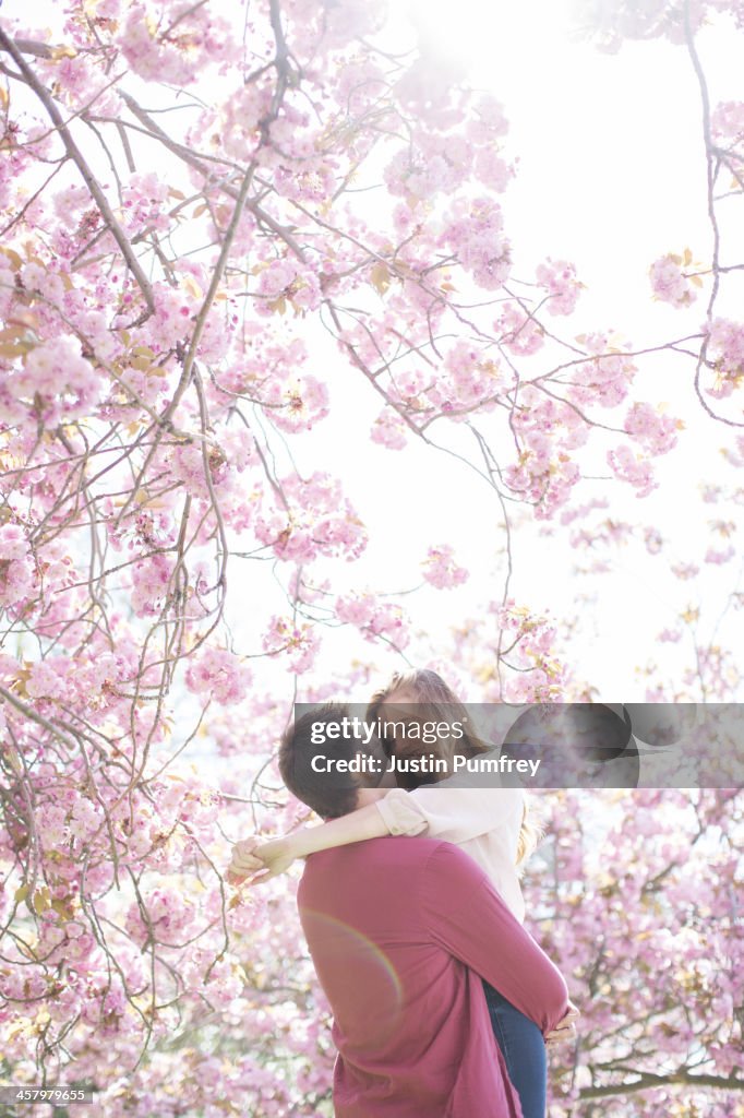 Couple hugging under tree with pink blossoms