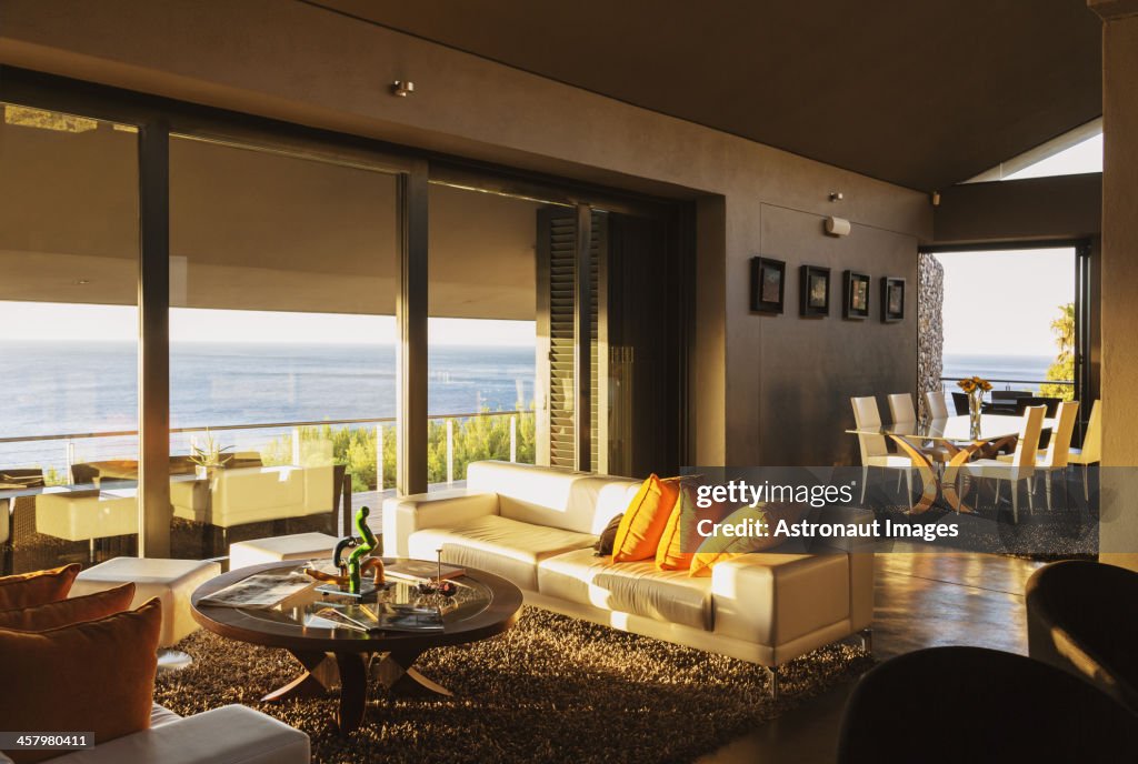 Modern living room overlooking ocean