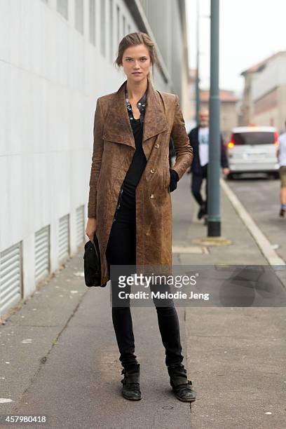 Top Polish model Kasia Struss exits the Bottega Veneta show on Day 4 of Milan Fashion Week Spring/Summer 2015 on September 20, 2014 in Milan, Italy