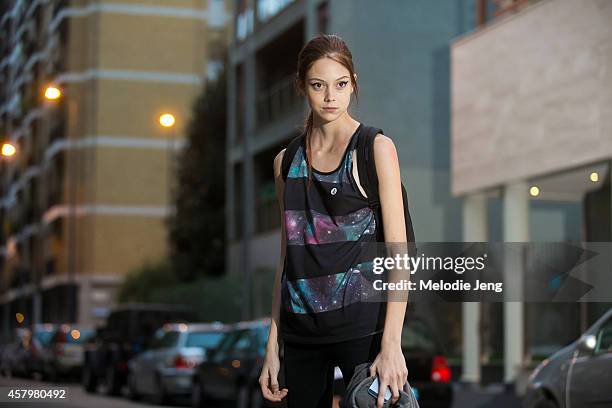 American model Natalie Westling exits the Prada show on Day 2 of Milan Fashion Week Spring/Summer 2015 on September 18, 2014 in Milan, Italy.