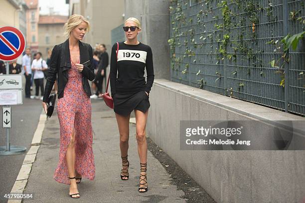 Swedish model Caroline Winberg and Stylist Sophia Hesketh exit the Bottega Veneta show on Day 4 of Milan Fashion Week Spring/Summer 2015 on September...