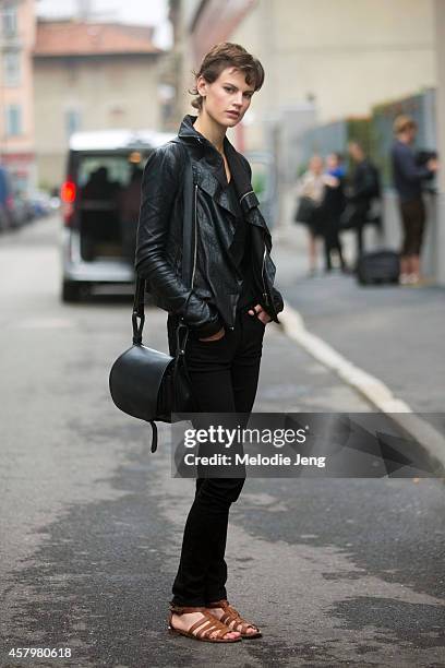 Dutch top model and artist Saskia de Brauw exits the Bottega Veneta show on Day 4 of Milan Fashion Week Spring/Summer 2015 on September 20, 2014 in...