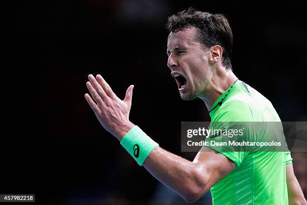 Kenny De Schepper of France reacts after a missed point in his match against Jeremy Chardy of France during day 2 of the BNP Paribas Masters held at...