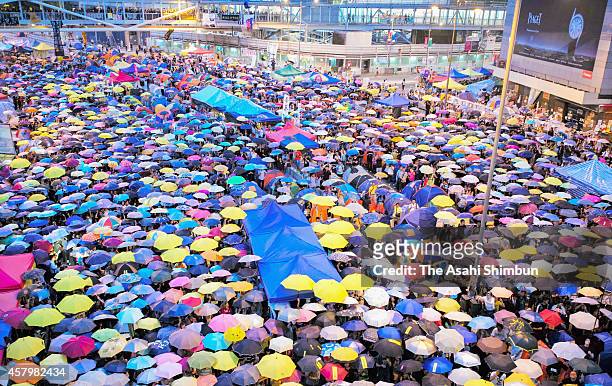 Protesters attend a rally to mark one month since they took the street at the Admiralty on October 28, 2014 in Hong Kong. Hong Kong pro-democracy...