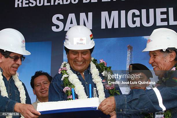 President of Bolivia Evo Morales smiles during the celebration of his 55th birthday during a tour of inspection at San Miguel-X1 well on October 26,...