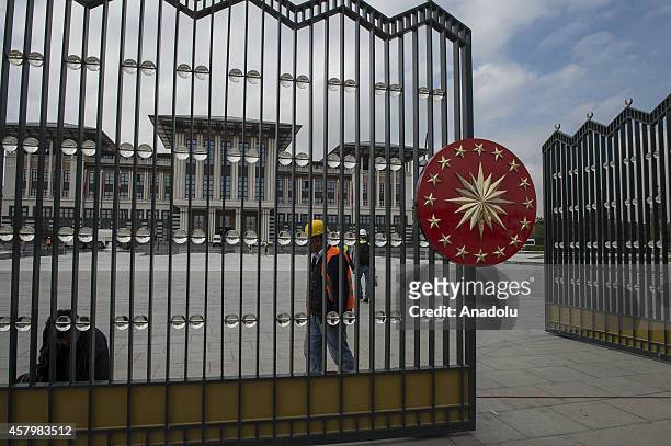Turkish Presidential Seal is seen on the gate of Turkey's new Presidential Palace, built inside Ataturk Forest Farm and going to be used for Turkey's...