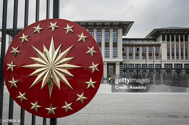 Turkish Presidential Seal is seen on the gate of Turkey's new Presidential Palace, built inside Ataturk Forest Farm and going to be used for Turkey's...