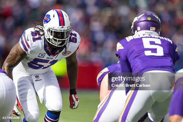 Brandon Spikes of the Buffalo Bills lines up with eyes on Teddy Bridgewater of the Minnesota Vikings at Ralph Wilson Stadium on October 19, 2014 in...