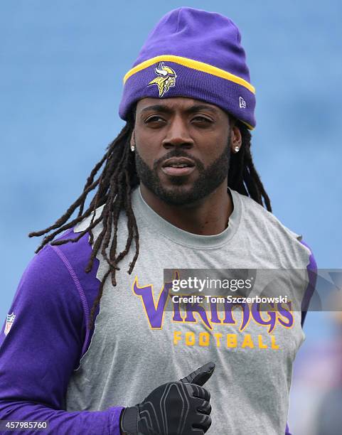 MarQueis Gray of the Minnesota Vikings warms up before the start of NFL game action against the Buffalo Bills at Ralph Wilson Stadium on October 19,...