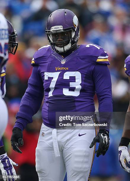 Sharrif Floyd of the Minnesota Vikings during NFL game action against the Buffalo Bills at Ralph Wilson Stadium on October 19, 2014 in Orchard Park,...