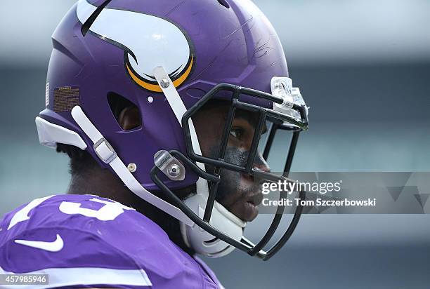 Sharrif Floyd of the Minnesota Vikings looks on during NFL game action against the Buffalo Bills at Ralph Wilson Stadium on October 19, 2014 in...