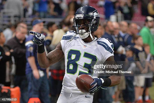 Ricardo Lockette of the Seattle Seahawks warms up prior to a game against the St. Louis Rams at the Edward Jones Dome on October 19, 2014 in St....