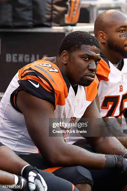 Robert Geathers of the Cincinnati Bengals sits on the bench during the game against the Indianapolis Colts on October 19, 2014 at Lucas Oil Stadium...