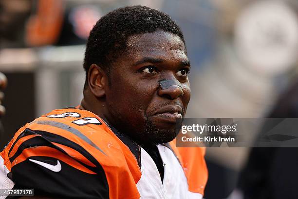 Robert Geathers of the Cincinnati Bengals sits on the bench during the game against the Indianapolis Colts on October 19, 2014 at Lucas Oil Stadium...