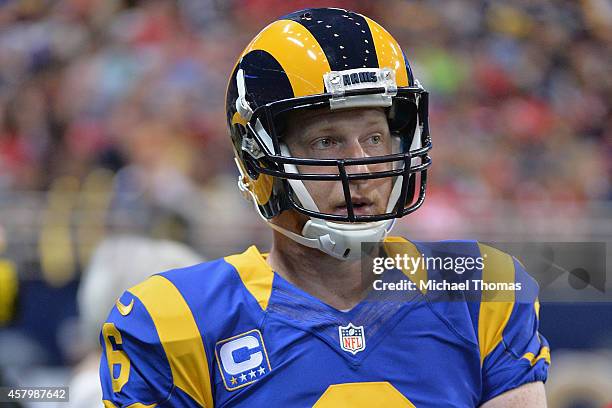 Johnny Hekker of the St. Louis Rams watches from the sidelines during a game against the San Francisco 49ers at the Edward Jones Dome on October 13,...