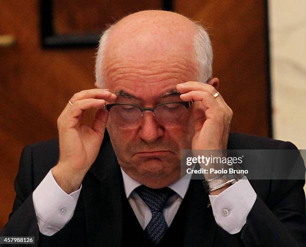 President Carlo Tavecchio reacts during the Italian Olympic Commitee meeting on October 28, 2014 in Rome, Italy.