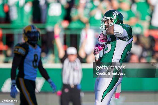 Brett Swain of the Saskatchewan Roughriders celebrates after a touchdown catch in a game between the Edmonton Eskimos and Saskatchewan Roughriders in...