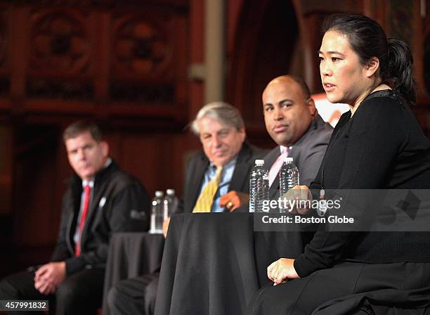 As part of the Boston Book Festival, From Left to right, Mayor Martin J. Walsh, author Benjamin Barber, Lawrence Mayor Dan Rivera and Fitchburg Mayor...