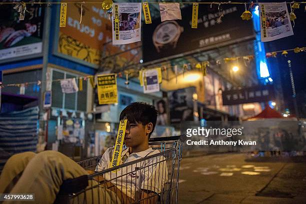 Student sits in a shopping cart as a sign sticks on his forehead written "I want universal suffrage" in Causeway Bay district on October 29, 2014 in...