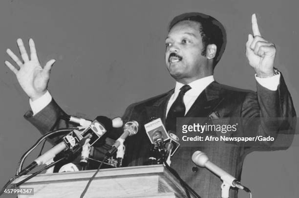 Civil rights activist Jesse Jackson Sr cries out and points while delivering a speech on television, 1960.
